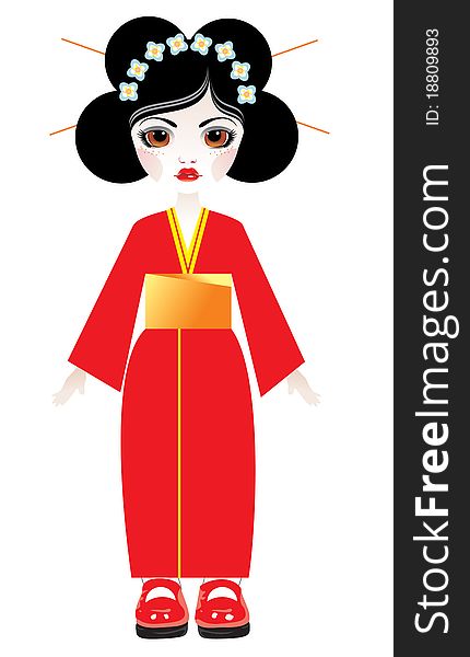 Doll in a red kimono: isolated illustration