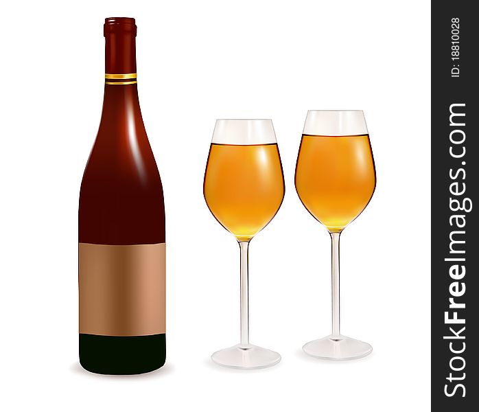 Two glasses of white wine and bottle. Vector illustration. Two glasses of white wine and bottle. Vector illustration