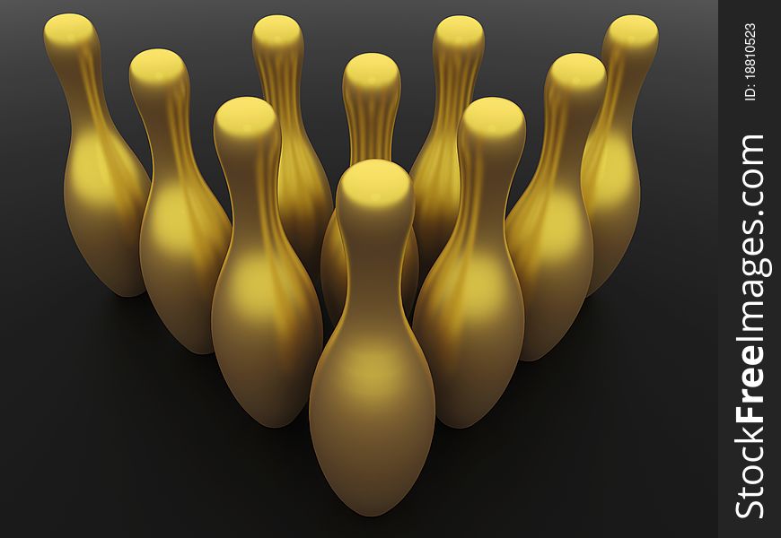 Gold Bowling on dark background 3d illustration.