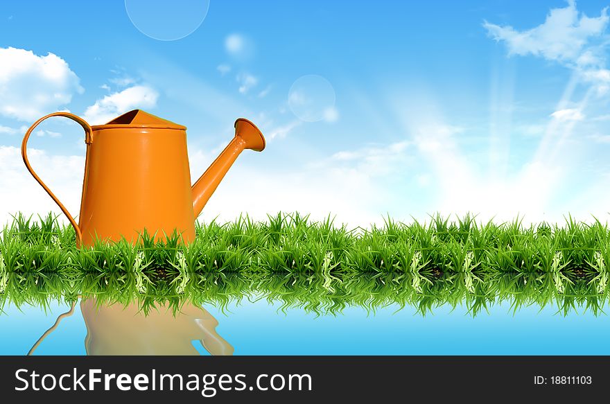 Watering Can On The Grass With The Bright Sky.