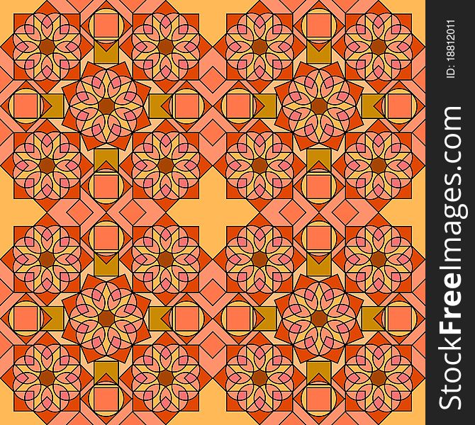 Seamless tile with geometric and star and mandala elements in orange and red colours. Seamless tile with geometric and star and mandala elements in orange and red colours.