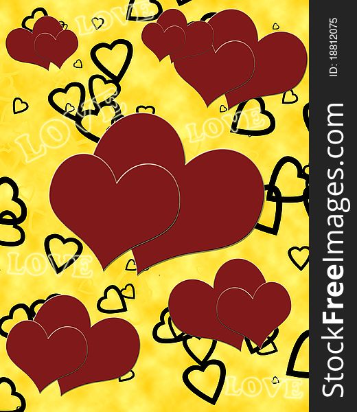 Creative yellow background with red hearts and words of love