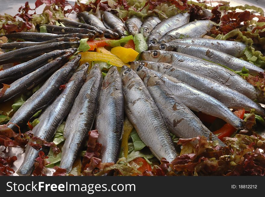 Arranged raw sardines with vegetables