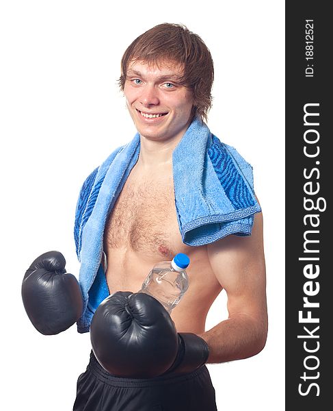 Young caucasian Man boxer with black boxing gloves on white background. Studio shot.