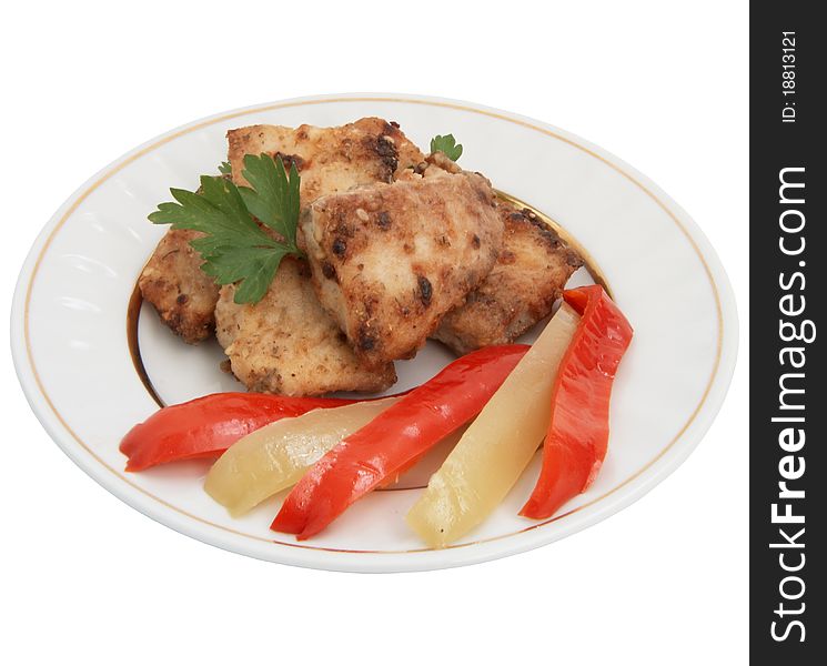 Fried fish  with vegetables isolated .