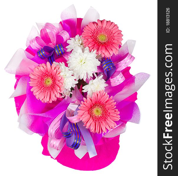 Close-up bouquet with gerbera and chrysanthemum, isolated on white