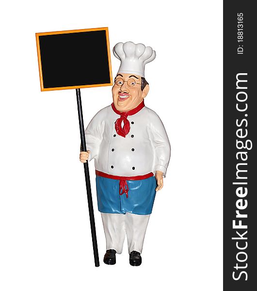 Chef Figurine with black blackboard isolated on white background