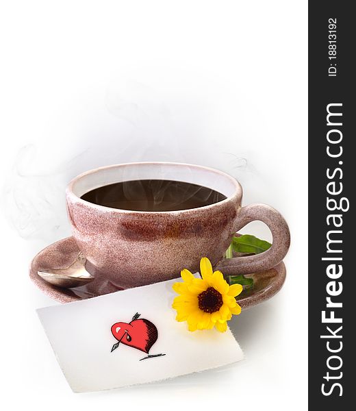 Cup of coffee, orange calendula flower and a love note. Cup of coffee, orange calendula flower and a love note