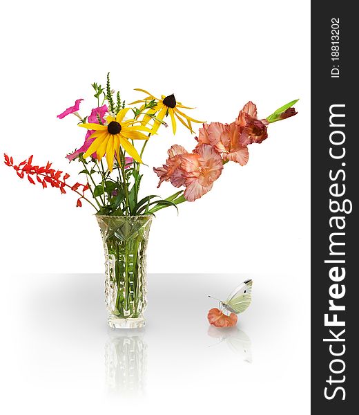 Exotic bouquet in crystal vase and butterfly on the petal. Exotic bouquet in crystal vase and butterfly on the petal