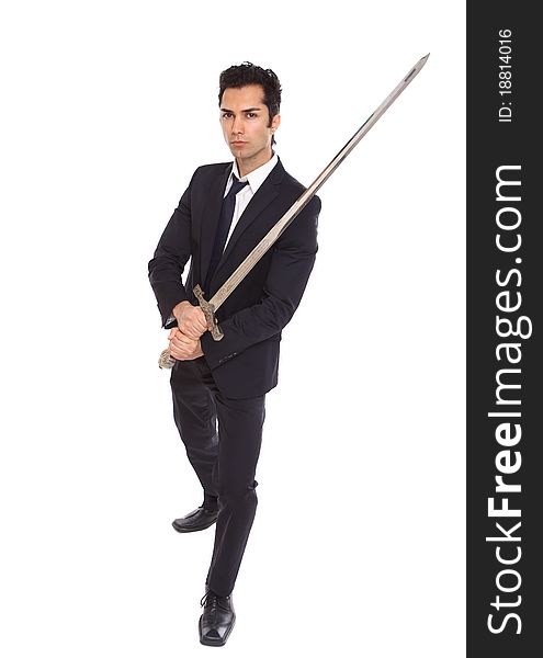 Businessman with a long sword, on a white background. Businessman with a long sword, on a white background