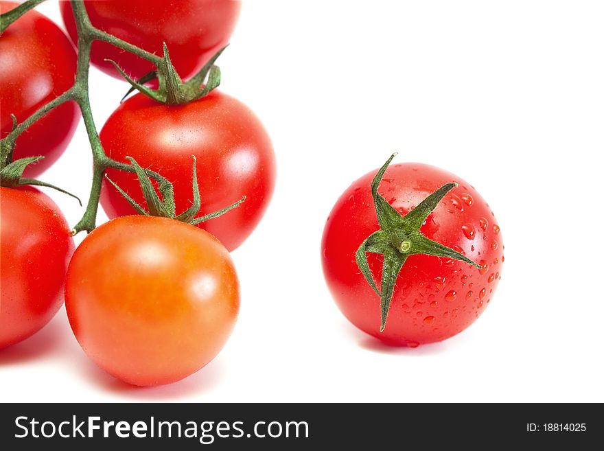 Fresh tomatoes with drops of water on white. Fresh tomatoes with drops of water on white.