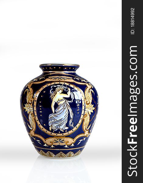 Blue porcelain vase with drawing of ancient woman. Blue porcelain vase with drawing of ancient woman