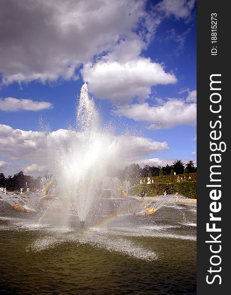 Spectacular fountains with jets in the park of the Versailles palace in France. Spectacular fountains with jets in the park of the Versailles palace in France