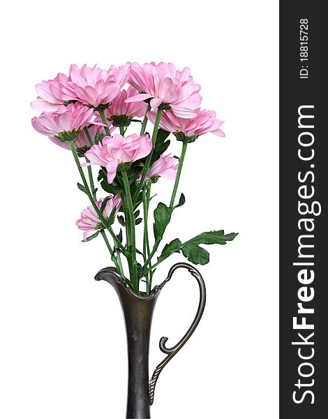 Bunch of pink flowers inside ancient metal vase. Isolated on white with clipping path. Bunch of pink flowers inside ancient metal vase. Isolated on white with clipping path