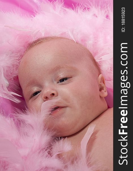 Three month old baby laying on pink blanket with pink boa