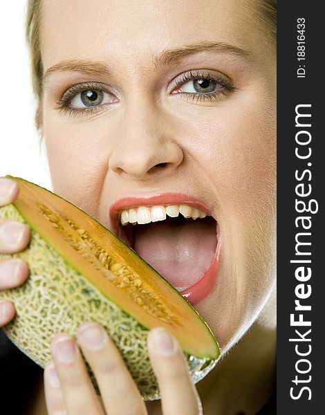 Portrait of woman with melon cantaloupe