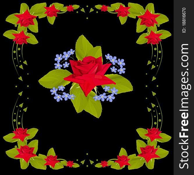 Illustration with flower design in red rose frame on black background. Illustration with flower design in red rose frame on black background