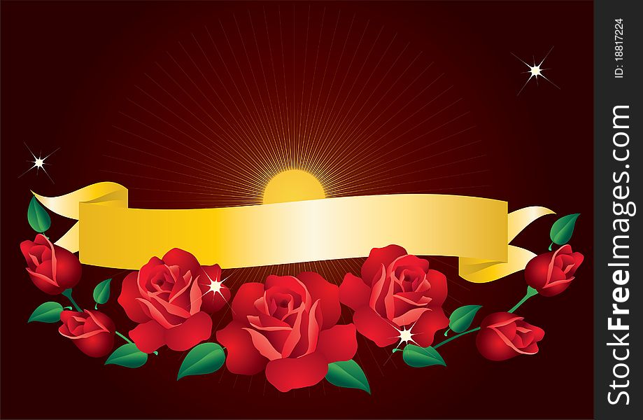 Banner and red roses on a brown background with rays and stars. Banner and red roses on a brown background with rays and stars.