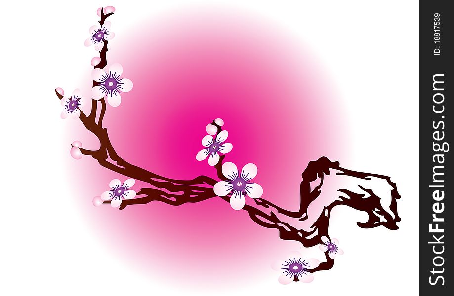 The branch of a flowering tree in the background with Japanese motifs. The branch of a flowering tree in the background with Japanese motifs.