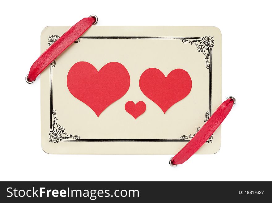 Card with red ribbon isolated on white background. Red hearts - symbol of love