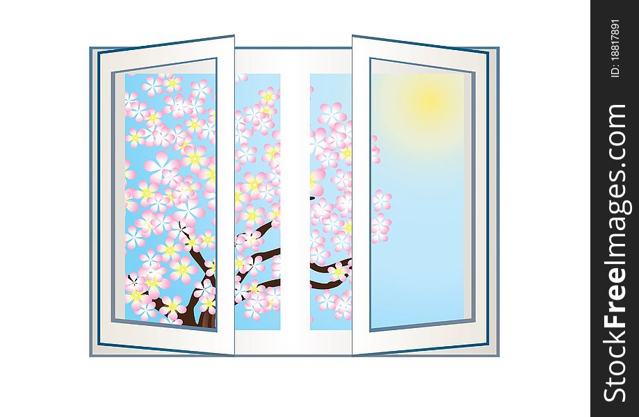An open window on the background of the spring tree with flowers. An open window on the background of the spring tree with flowers.