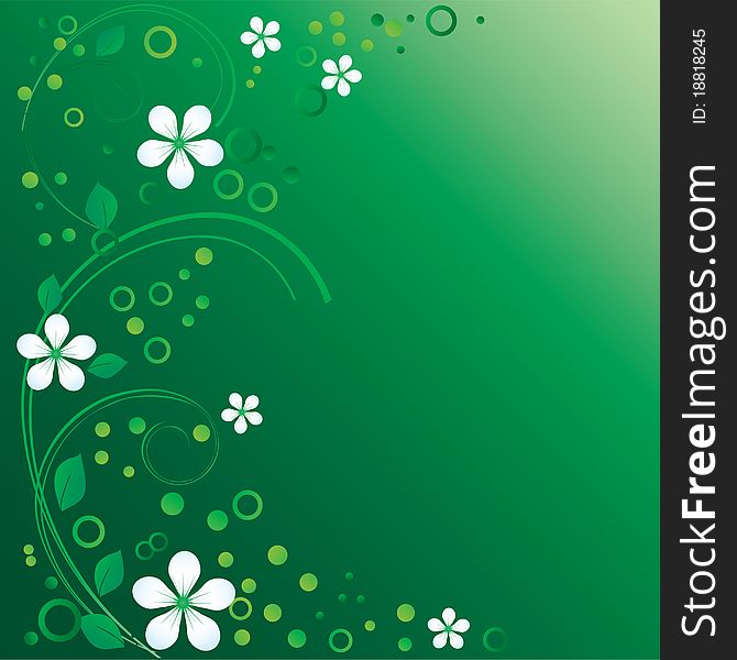 Abstract ornament with white flowers and green leaves on a green background.