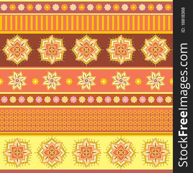 Bright ethnic ornament with stripes and decorative flowers