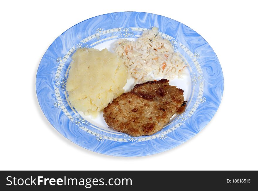 Typical polish dinner on white -schabowy