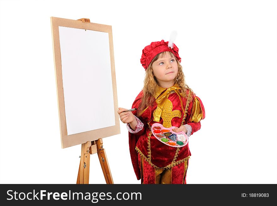 The girl with a brush and paints near an easel. Isolated on white