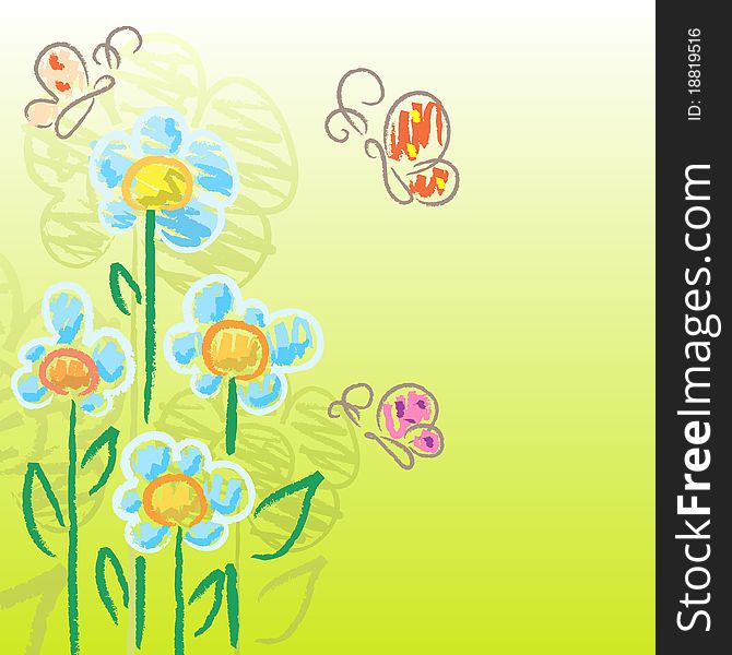 Green background with draw flowers and butterflies. Green background with draw flowers and butterflies