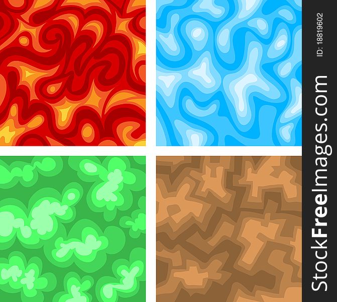 Set of four elemental background with fire, water, ground and flora. Set of four elemental background with fire, water, ground and flora