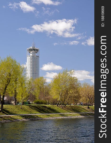 Of the pond in Moscow. Skyscraper. Spring, Russia. Of the pond in Moscow. Skyscraper. Spring, Russia.