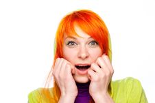 Surprised Red Hair Woman With Open Hands And Mouth Royalty Free Stock Photo