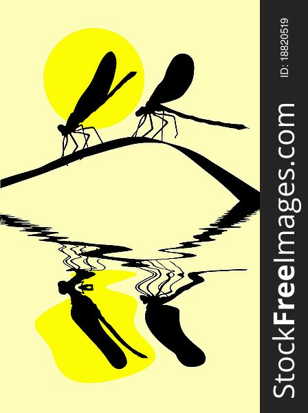 Vector silhouette two dragonflies on herb