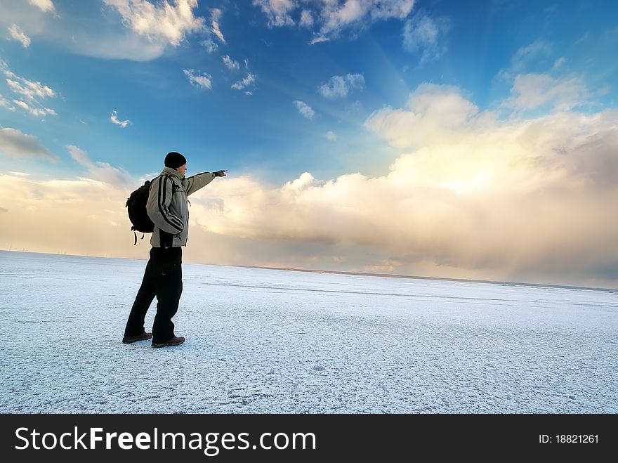 Man and winter. Nature composition.