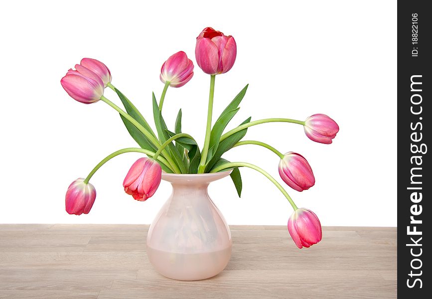 Pink red tulips in a glass vase on a wooden table isolated against a white background. Pink red tulips in a glass vase on a wooden table isolated against a white background