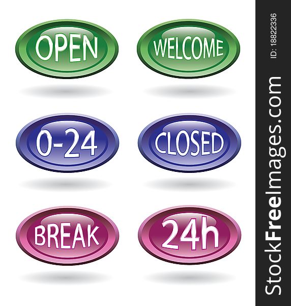 Set of shop or store signs - open, close, welcome, 24hours. Set of shop or store signs - open, close, welcome, 24hours.