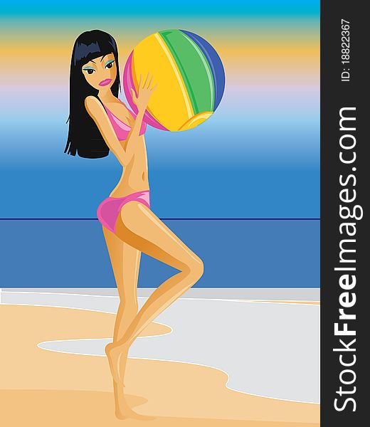 Girl On Summer Beach With Ball