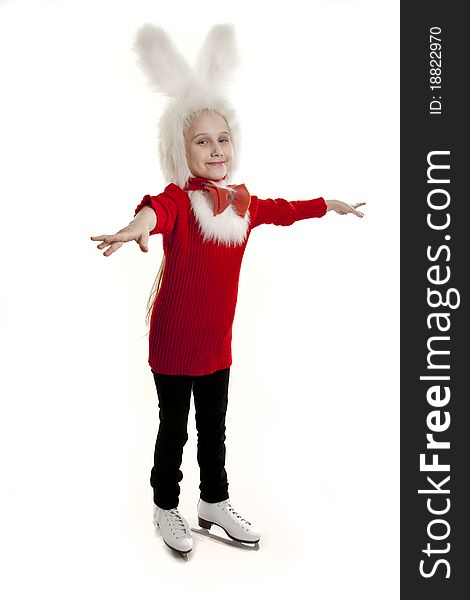 Girl bunny standing on the skates