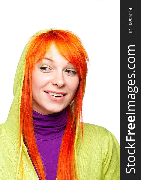 Closeup portrait of curious smiling red hair woman