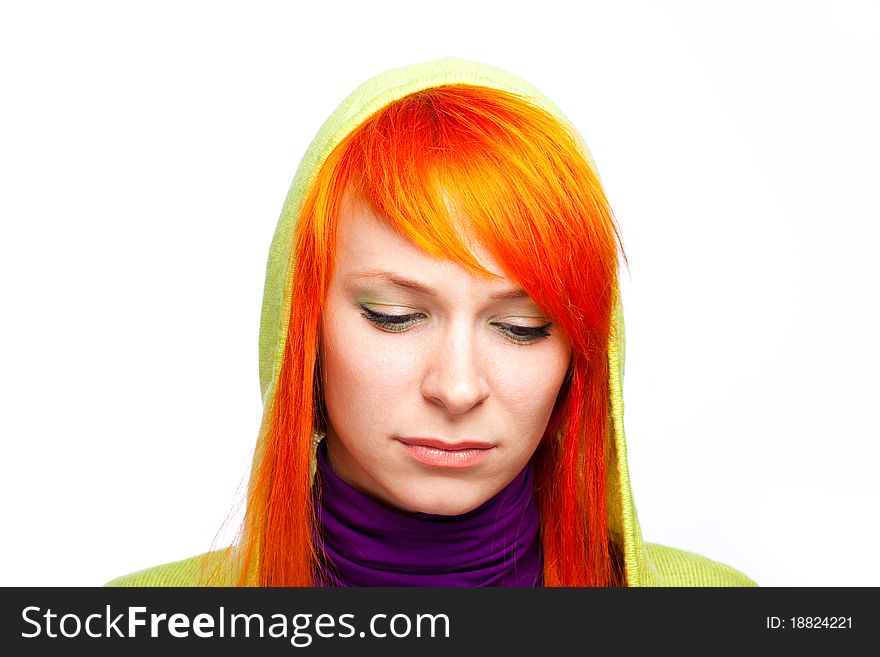 Closeup portrait of happy smiling red hair woman with healthy teeth