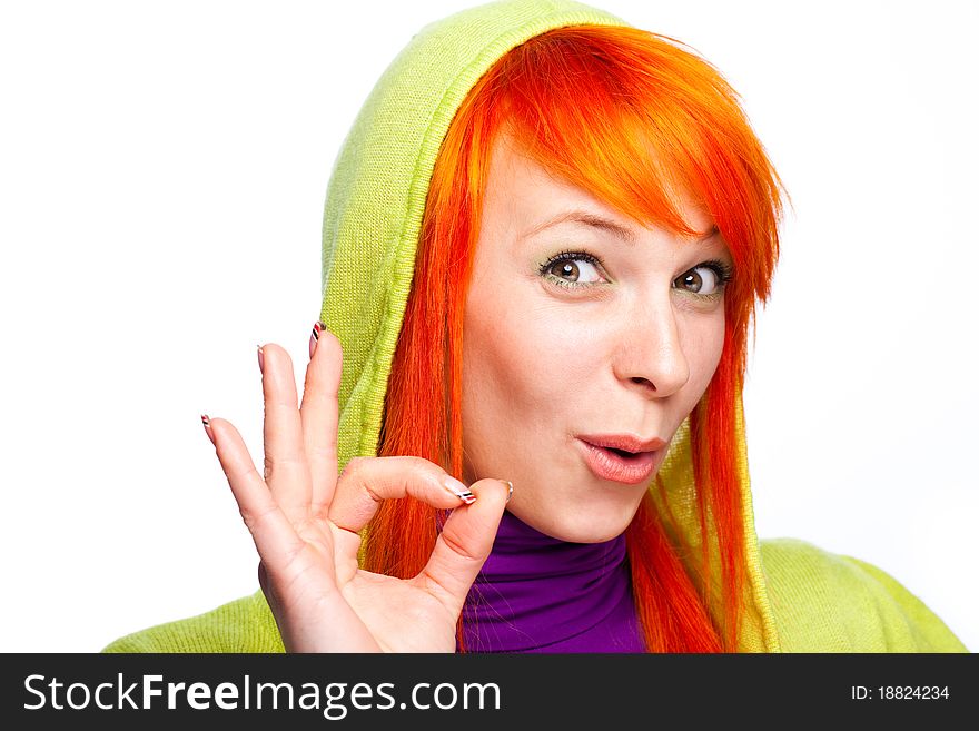 Closeup portrait of smiling red hair woman showing ok sign