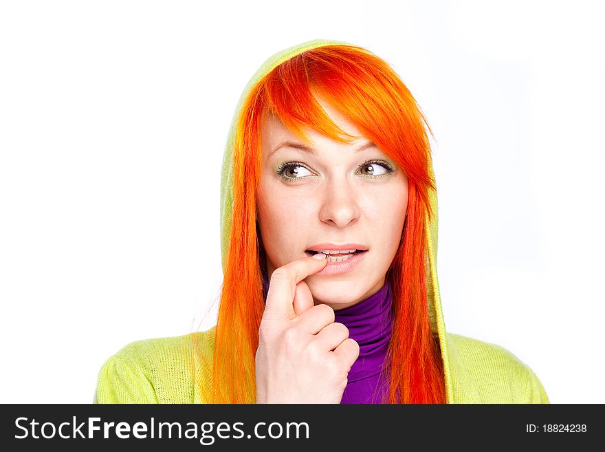 Closeup portrait of red hair curious woman holding finger at mouth