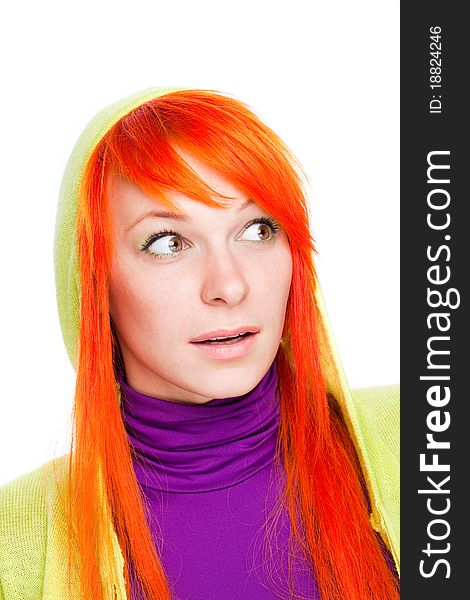 Surprised red hair woman with open mouth