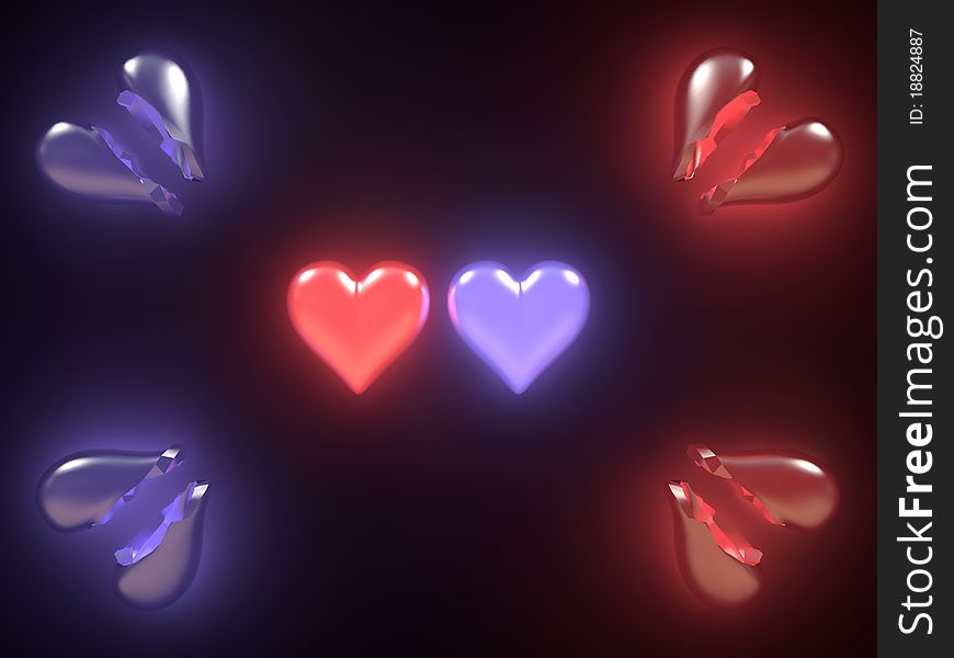 Broken hearts with glow on black background