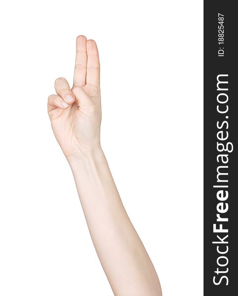 Woman hand making sign isolated on white background