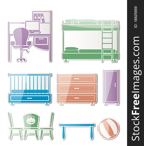 Nursery and children room objects, furniture and equipment - illustration