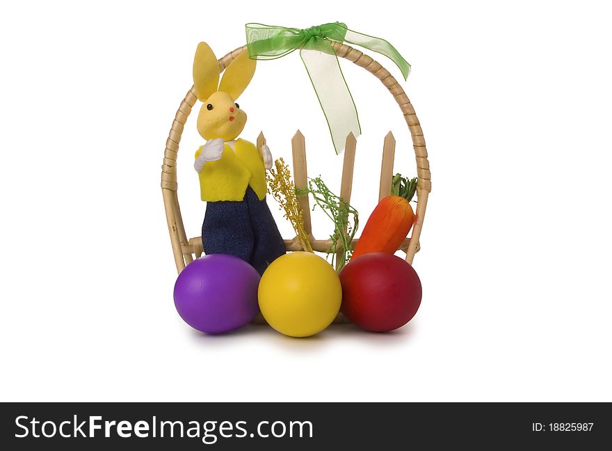 Easter bunny with easter eggs on white background.