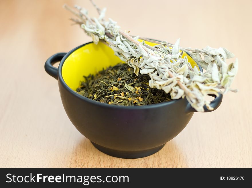 High Quality Green Tea closeup in the yellow bowl.