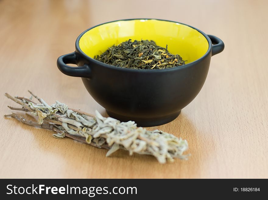 High Quality Green Tea closeup in the yellow bowl.